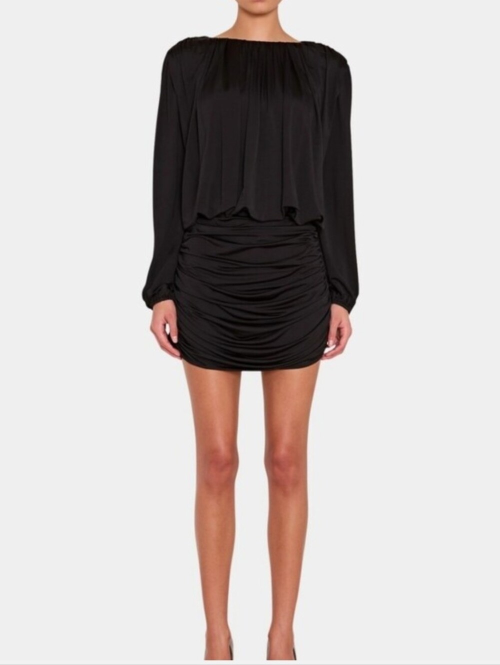 INTERMIX Black Long-Sleeve Ruched Mini Dress